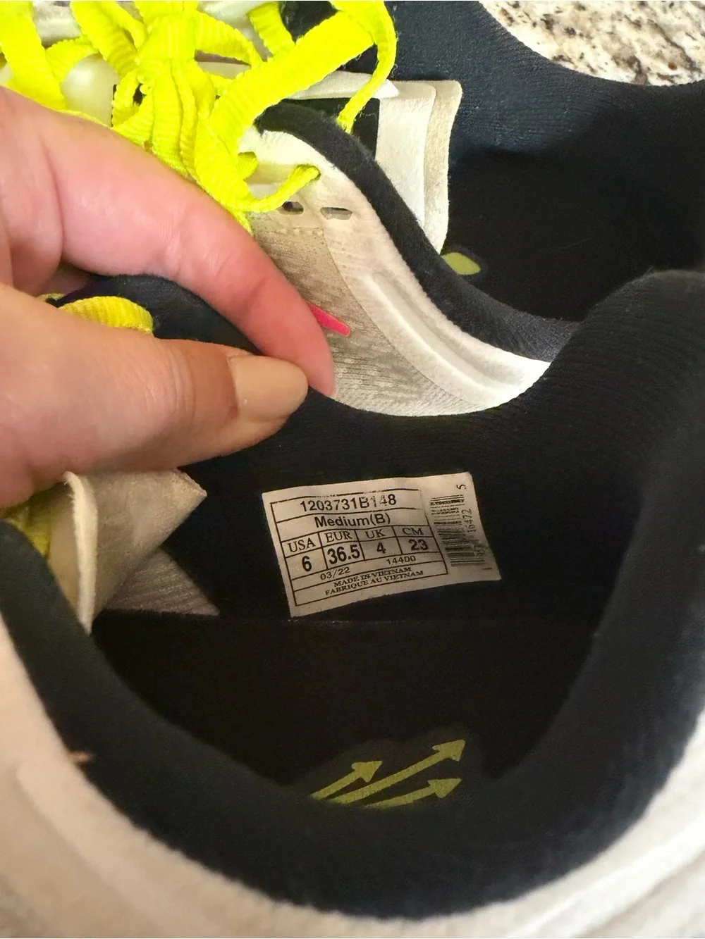 Brooks Women’s White Running Shoes with Neon Yellow Laces and Pink Accent